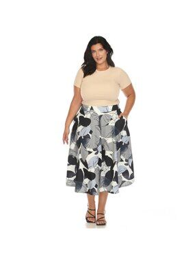 White Mark Leaf Vintage Flared Midi Skirt Polyester Plus Size 3X Blue Gray $70